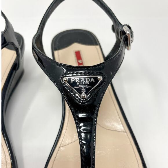 Prada Thong Wedge Sandals Triangle Logo Leather T-Strap Slingback Black EU 37.5 - Picture 5 of 13
